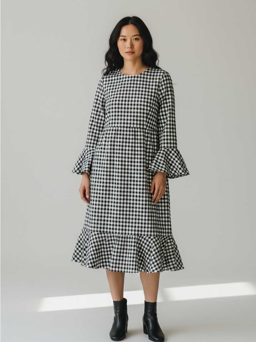 Nursing M Black & White Bell Sleeve Gingham Ruffle Hem Dress